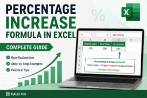 Percentage increase formula in Excel showing =(B2-A2)/A2 with example data
