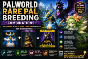 Rare Pal breeding combinations in Palworld with parent Pals and offspring result