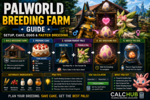 Palworld breeding farm guide showing parent Pals, Cake, breeding egg and incubator