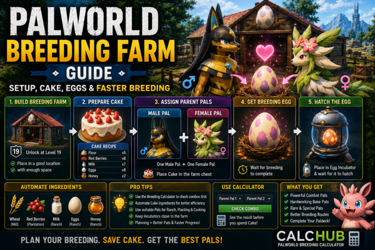 Palworld breeding farm guide showing parent Pals, Cake, breeding egg and incubator